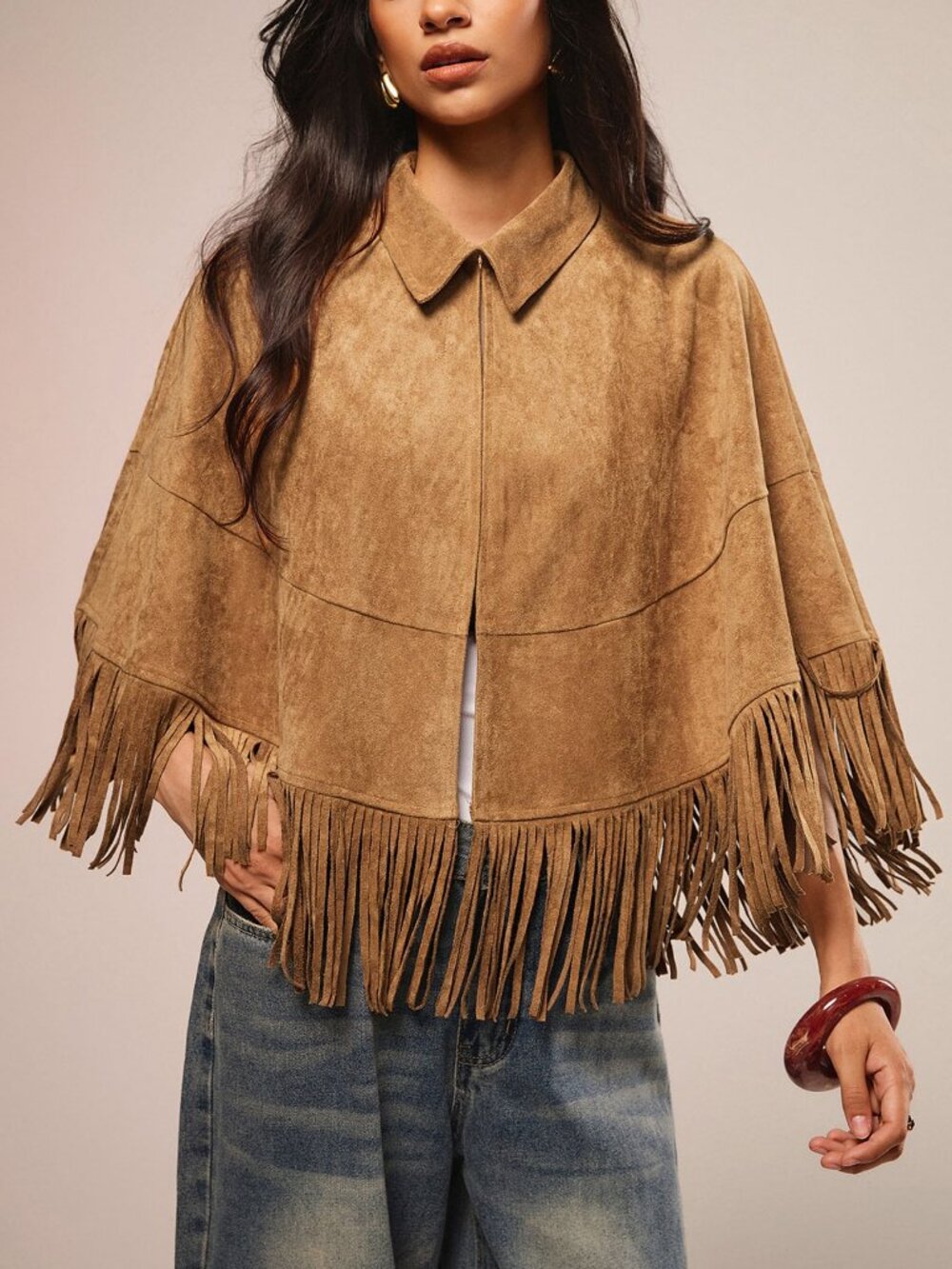 tan Casual Women's Fringe detail Collar cape poncho Top